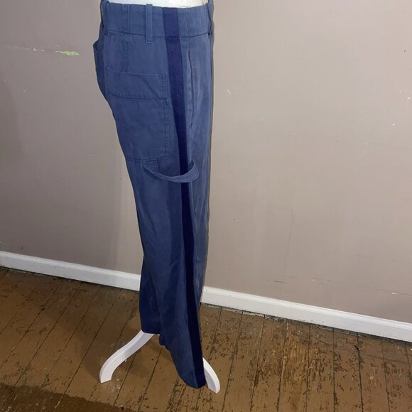 Zara Womens WBlue Canvas Pants Tuxedo Side Stripe Wide Carpenter Loop Leg Sz S - Picture 4 of 11